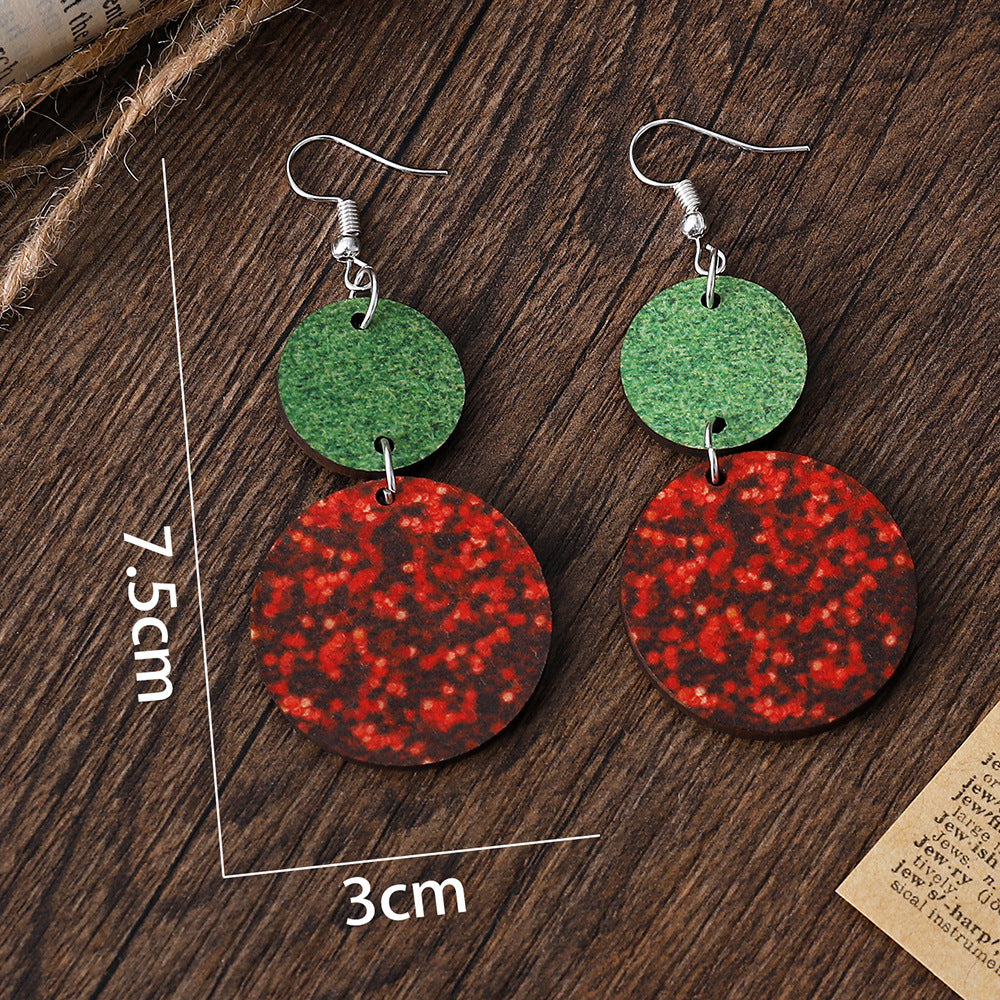 Wholesale Christmas Round Double Sided Wooden Sequin Glitter Red and Green Earrings